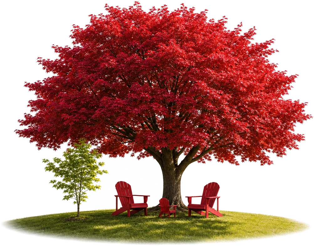 A red maple with three red chairs beneath it, two large and one small