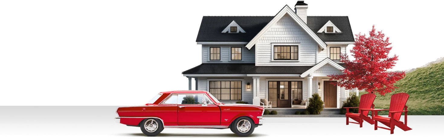 A Canadian home with a red maple, red muskoka chairs and a red classic car in the driveway