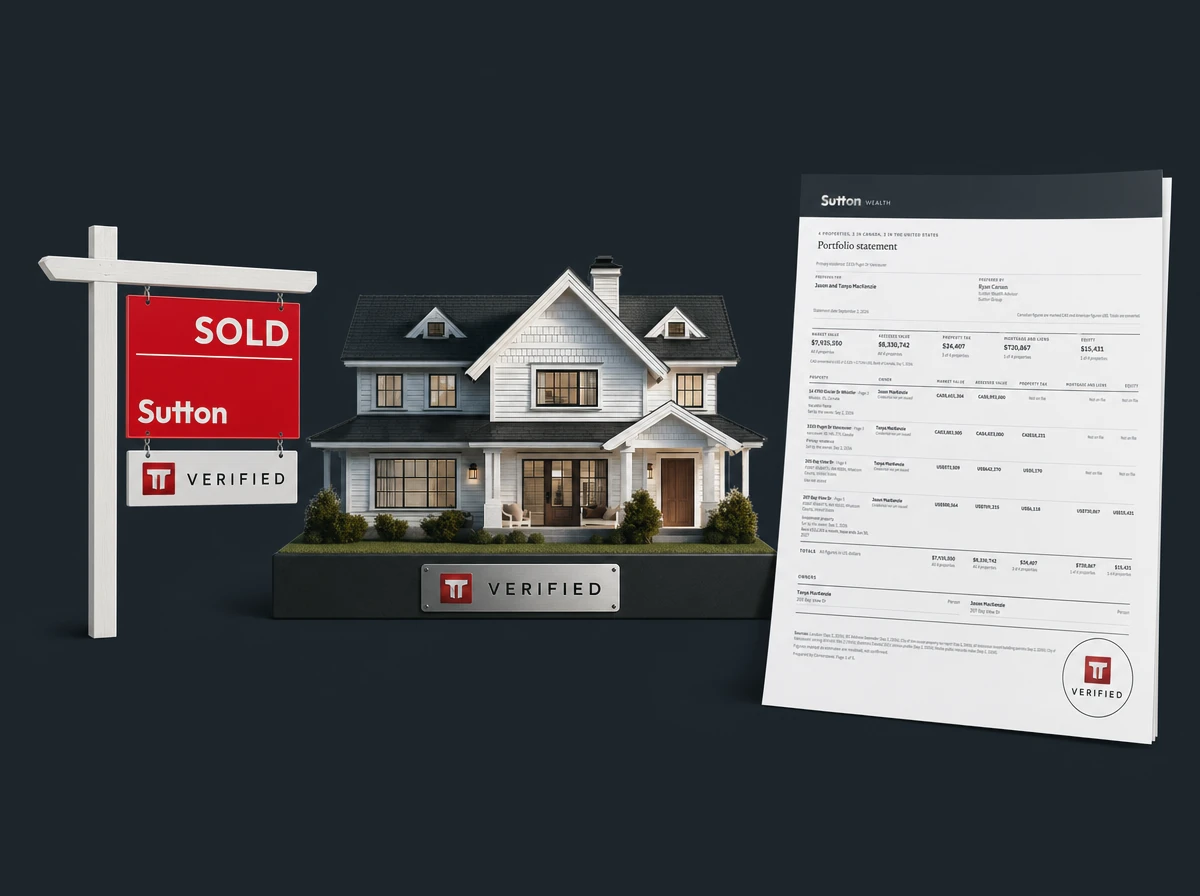 A sold sign, a home and a portfolio statement, each marked verified